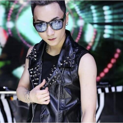 New Bar nightclub male singer DJ jacket DS tide stage costume Rivet Motorcycle leather vest Rock hip-hop men women PU waistcoat