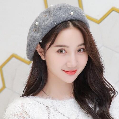 New fashion womens wool pearl hats painter beret fashion casual womens autumn and winter warm girls caps touca beanie