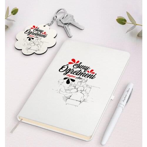 Personalized Class Teacher White Notebook Pen and Keychain Gift Seti-12