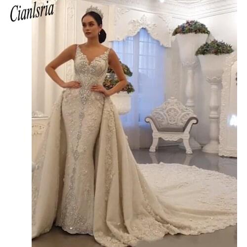 Rhinestones Overskirt Mermaid Wedding Dresses Court Train 3D Floral Appliqued Beads Crystal Wedding Dress Detachable Train Robes