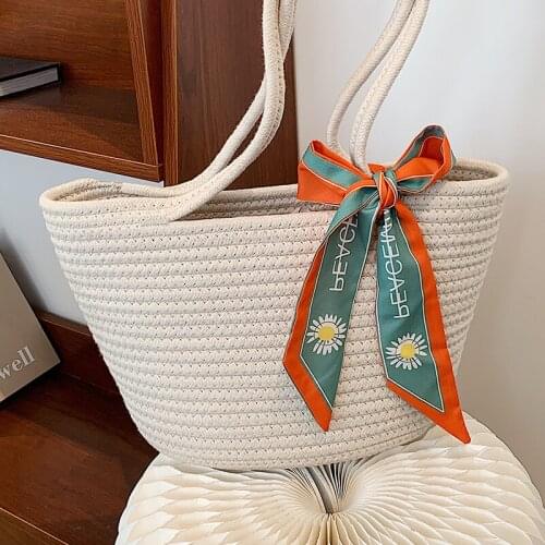 Simple Straw Bucket Shoulder Bags for Women 2021 New Fashion Silk Scarf Designer Ladies Tote Handbags Chic Bow-knot Underarm Bag