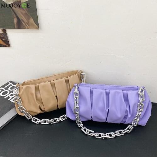 Vintage Women PU Leather Pleated Shoulder Underarm Bag Casual Ladies Solid Color Thick Chain Small Handbags Purse