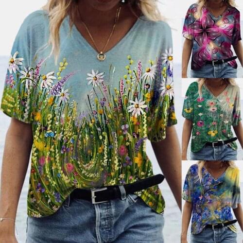 Women Fashion Art Summer Printed Short Sleeve V-Neck T-Shirt Casual Personalized Flowers Printing All-match Soft Girls T-shirt