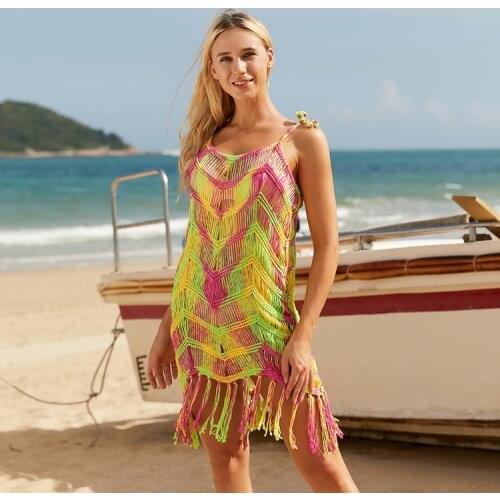 Free Size Women Fringe Tassel Crochet Tunic Beach Cover Up Cover-ups Beach Dress Beach Wear Beachwear Female Dress