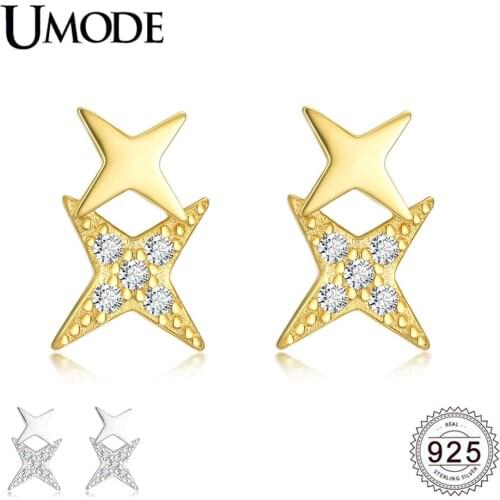 UMODE New 925 Sterling Silver Star Stud Earrings for Women Paved Zircon Diamond Gold Cross Jewelry Brincos Bijoux ALE0596