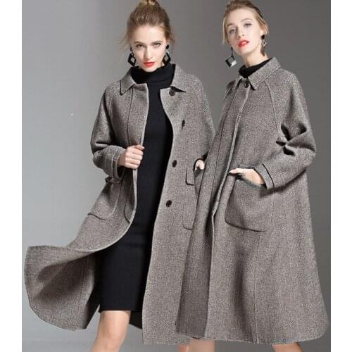 Women s winter coat herringbone grey Double sided wool cashmere outwear 2019 autumn plus size ladies overcoats long free ship