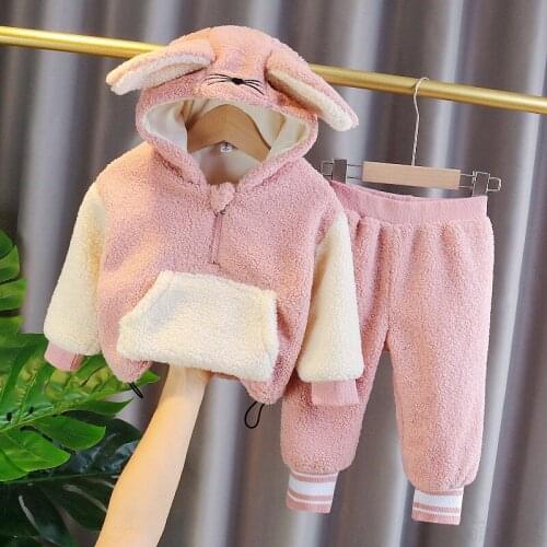 2020 2pcs Baby Boys Girls Rabbit Winter Set Plus Velvet Thickening Pajamas Winter Boys Girls Smile Clothing Suit BP11