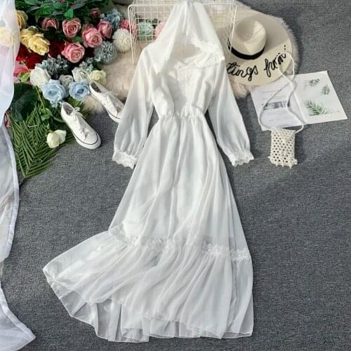 2020 new fashion womens dresses Hooded long-sleeved white chiffon dress temperament