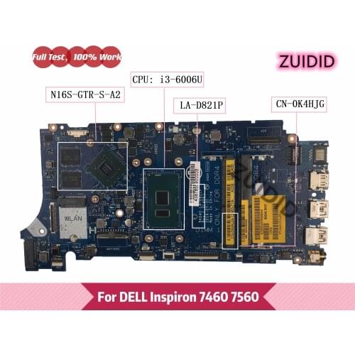 BKD40 LA-D821P For DELL 7460 7560 Laptop Motherboard CN-0K4HJG K4HJG 0K4HJG With i3-6006U CPU N16S-GTR-S-A2 100% Fully Tested