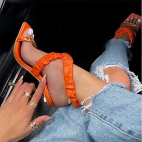 2021 New Summer Fashion Pleated Women Sandals China Design Metal High Heels Ladies Sandals Open Toe Shoes Big Size 35-42