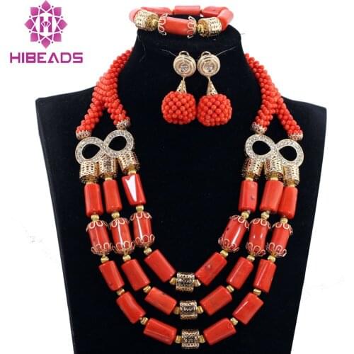 Dubai Coral Statement Necklace Jewelry Exclusive Wedding Coral Beads African Bridal Jewelry Sets for Women Free Shipping ABH375