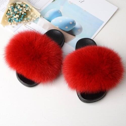 2020 FXFURS Real Fox Slippers Kids Fur Child Home Slides Girl Flop Flips Raccoon Fluffy Cute Flats Summer Children Lovely Indoor