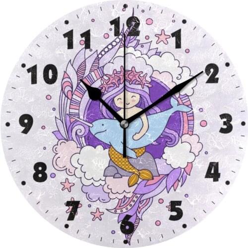Beautiful Mermaid Girl PVC Round Wall Clock Modern Design Home Decor Silent Non Ticking Wall Watch Art For Living Room Bedroom