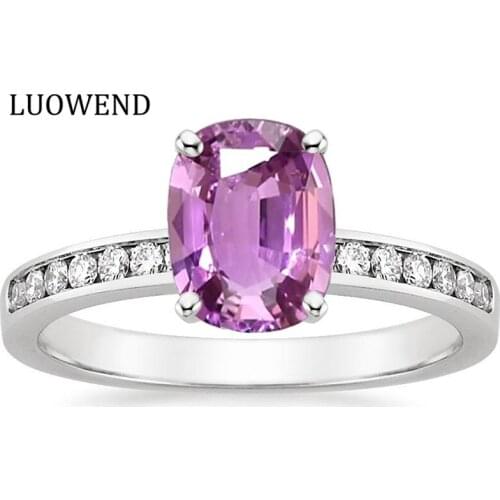 LUOWEND18K White Gold (AU750) Women Wedding Ring Natural Pink Sapphire Engagement Diamond Ring Fashion Lady Gemstone Jewelry