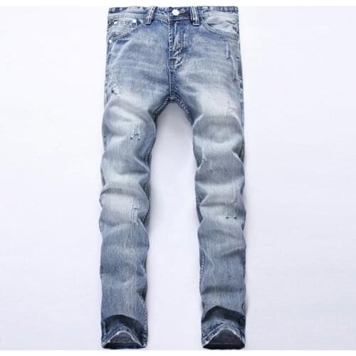 Fashion Designer Wholesale Mens Brand Ripped Jeans For Men Light Blue Straight Casual Business Pants Size 29-42