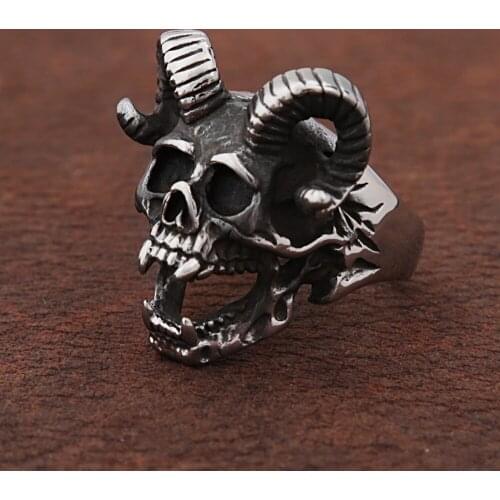 Gothic Demon Satan Skull Ring Mens Punk Hip Hop Street Stainless Steel Biker Animal Goat Head Ring Jewelry Gift Accessories