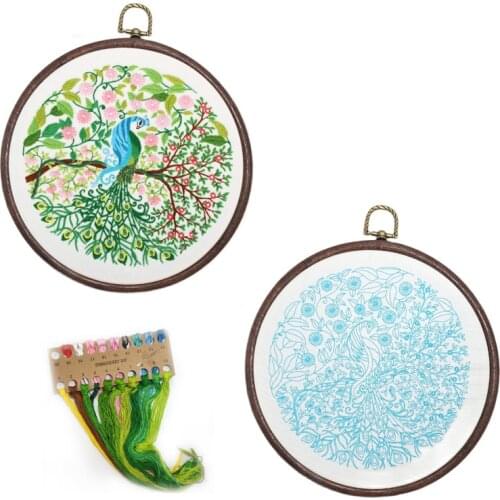 DIY Peacock Embroidery Kit with Hoop Stitching Craft Pattern Printed Needlework Cross Stitch Sewing Art Painting Home Decor