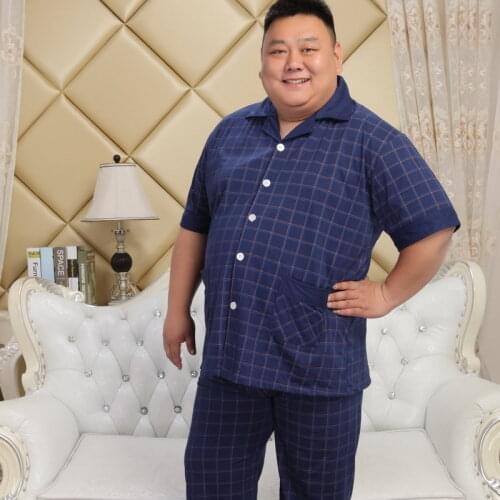 Factory Plus Fat Plus Size Fat Guy Pajama Suit Mens Spring Autumn Short Sleeve + Long Pants Cotton Pijama Hombre Men Sleepwear