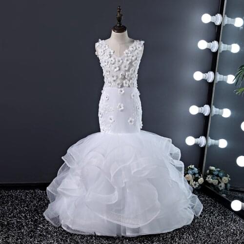 Flower Girl Dresses V-Neck Sleeveless Tulle Lace Appliques Crystal Embroidery Princess Floor-Length Luxury Kids Party Gown H586