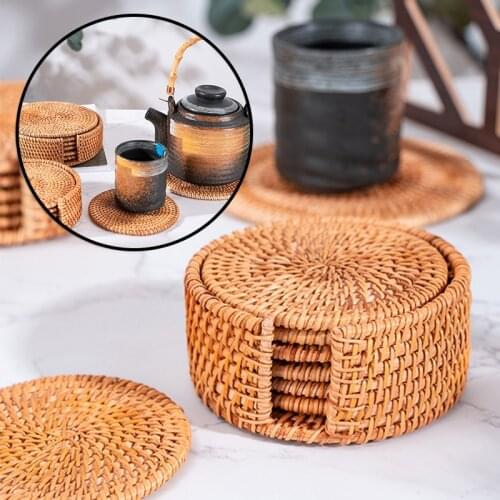 Rattan Coasters with Holder Storage Box Handmade Tea Cup Round Edge Coasters for Kitchen Table Drinks Crafts Free Home & Garden