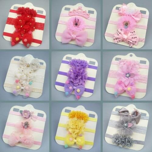 New 3pcs/set Infant Kids Lace Floral Pearl Headband Net Yarn Bows Child Hair Bands Toddler Baby Headwear Set Newborn Gift