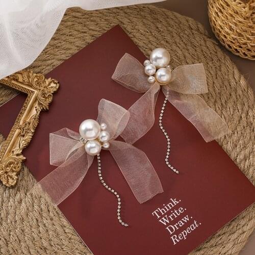 Transparent Shiny Rhinestone Chiffon Bowknot Earrings Simulated Pearl Long Tassel Drop Dangle Earrings for Women Femme Jewelry