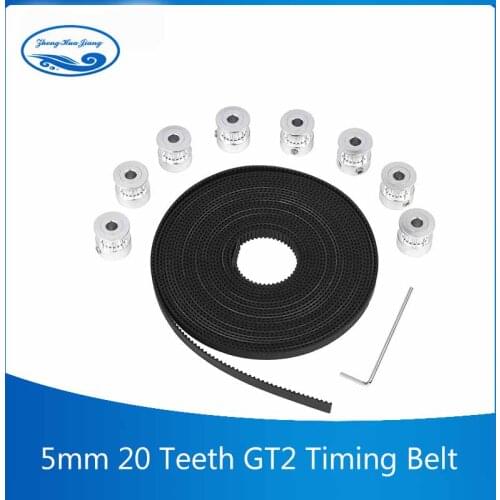 8pcs/lot GT2 Belt 5mm 20 Teeth Aluminum Timing Belt Black Color+GT2 Timing Belt 5 Meters Rubber 2mm Pitch + Allen Wrench for 3D