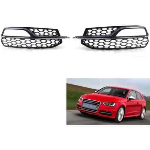 Pair Left + Right Front honeycomb Fog Light Lamp Grilles Grill Fit for A3 S3 S-Line Bumper 14 15 16 - Black (with Chrome trim)