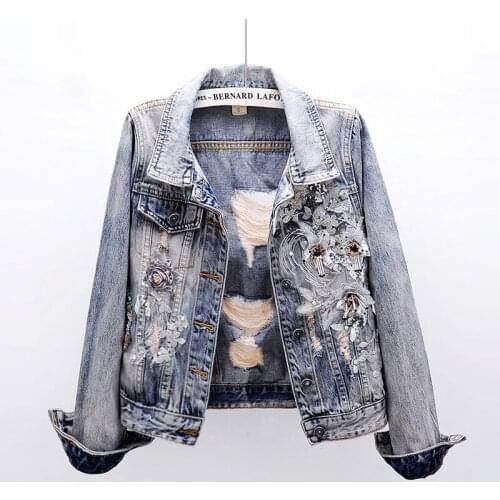 Ripped Denim Jacket 2019 Spring New Fashion Women Jackets Flower Appliques Long Sleeve Short Jacket Plus Size Loose Jean Jacket