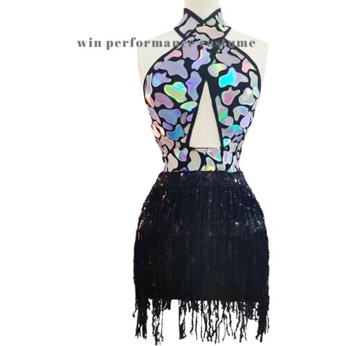 Halter Mirror Birthday Outfit GoldenWomen Party Bling Fringe Dress Modern Dance DJ Team Show Rave Pole Dance Clothing Costume