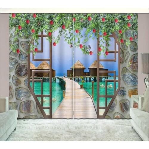 Print modern 3d blackout Curtain Living Room Hotel Bedroom Balcony sea view 3D Window Curtain Drapes Rideaux Cortinas pillowcase