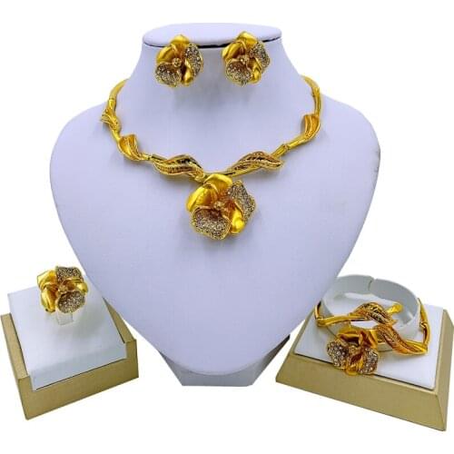 African Charm Women Jewelry Sets Flower Necklace Bracelet Party Earrings Ring Luxury Jewelry Dubai Fashion Jewelry Set