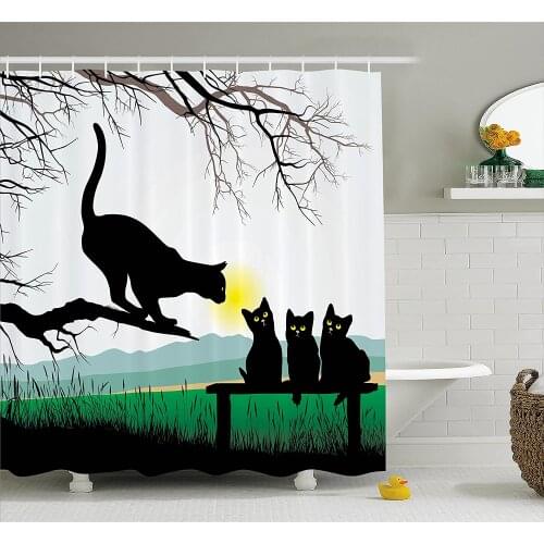 Cat Shower Curtain Mother Cat on Tree Branch and Baby Kittens in Park Best Friends I Love My Kitty Graphic Bath Curtains