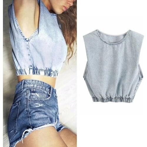 20201 Summer Womens New Round Collar Sexy Sleeveless Blue Denim Shirts Blouse Female Europe and The United States Y2k Indie