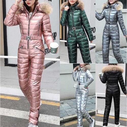 Women Ski Suit Winter Plush Hoodie Collar Pockets Zipper Velvet Snowboard Jumpsuit Ski Suit Plumifero Mujer Ski Jacket Women#068
