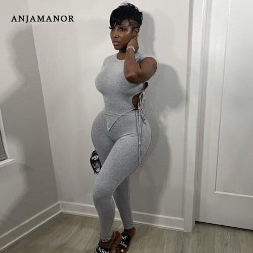 ANJAMANOR Sexy Two Piece Set Women Streetwear Casual Solid Ribbed Knitted Side Cutout Crop Top Leggings Pants Sets D49-CI43