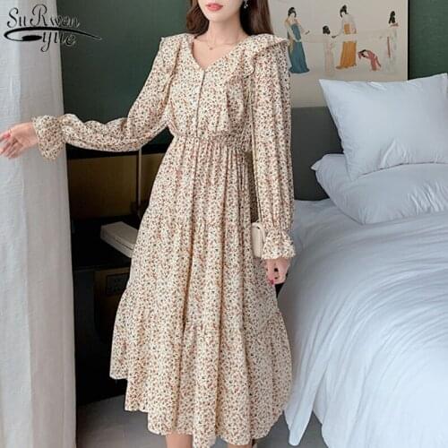 New Korean Flower Dresses Ladies V Neck Chiffon Dress Vintage Plus Size Long Dresses A Line Printing Party Dress Vestidos 13197