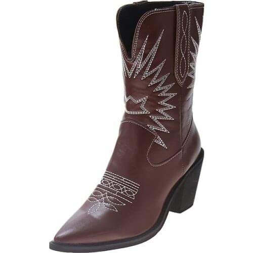 Winter Short Chelsea Cowboy Martin Boots For Women Thick Heels Botas Mujer Pointed Toe Booty Femme Pu Leather Chunky Sole Shoes