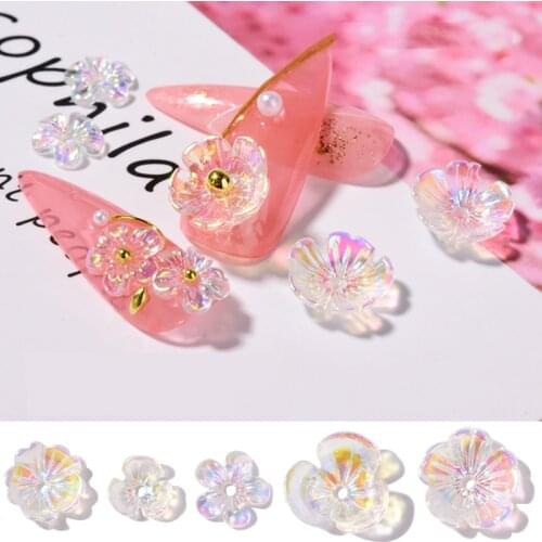 10pcs Semi Transparent Resin Flowers Aurora AB Coloful Nail Art Decorations 3D Daisy Rose Flower Nails Accessories DIY Manicure