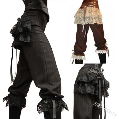 2020 Medieval retro high-waist womens pants lace stitching lace-up leg-length five-point pants female creative trend pants