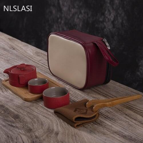 7 PC Tea Set Chinese Travel Ceramic Portable Teacup Towel Purple Sand Teapot Tea Tray Tea set Tea Set Mug of Tea Ceremony Teapot