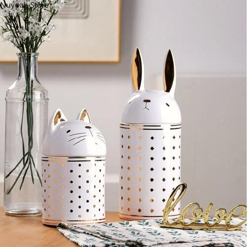 Ceramic Candy Jar Golden Animal Kitten Rabbit Storage Jar Tea Caddy Seasoning Bottle Home Kitchen Storage Bottle Grain Dispenser