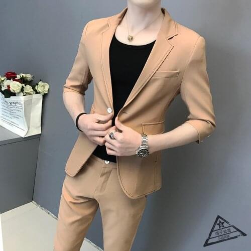 Mens Summer 2PCS Suit Slim Fit One Button 3/4 Sleeve Blazer Jacket Pants New M1