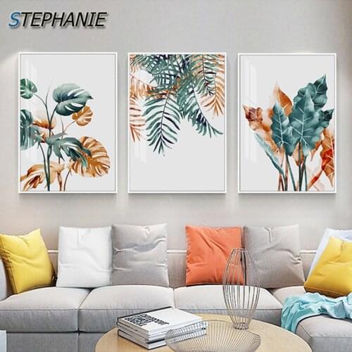 Modern Nordic Plant Leaf Canvas Art Unique Romantic Poster Print Picture for Living Room Abstract Orange Green Wall Art Tableaux