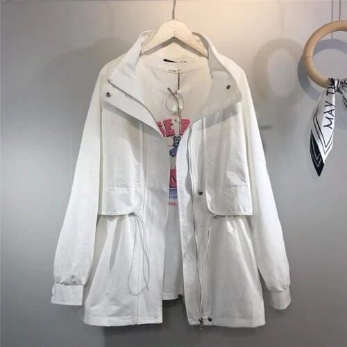 Student Trench Coat Female 2021 Spring Autumn Women Basic Coats Casual Hooded Jacket With Lining Khaki Tops Drawstring White