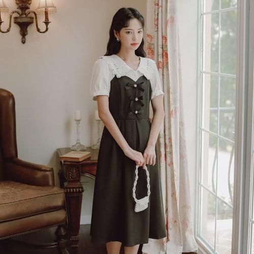 Kawaii Two Piece Set Women Summer Korean Lace Doll Collar Sweet Cute Shirt + Bow Lovely Black Strap Skirt OL Suit