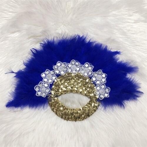 1pcs African Handmade Hand Fan Ladies Turkey Feather HandFan for Wedding Party with Sequins Double Side Handle Dance Fans