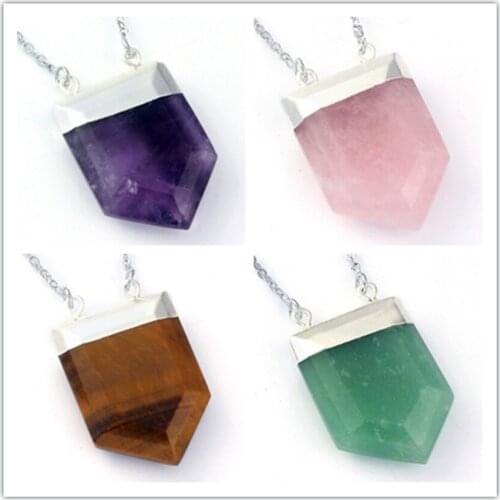 100-Unique 1 Pcs Silver Plated Amethysts Royal Shield Double Buckle Pendant Rose Pink Quartz Necklace Amulet Jewelry