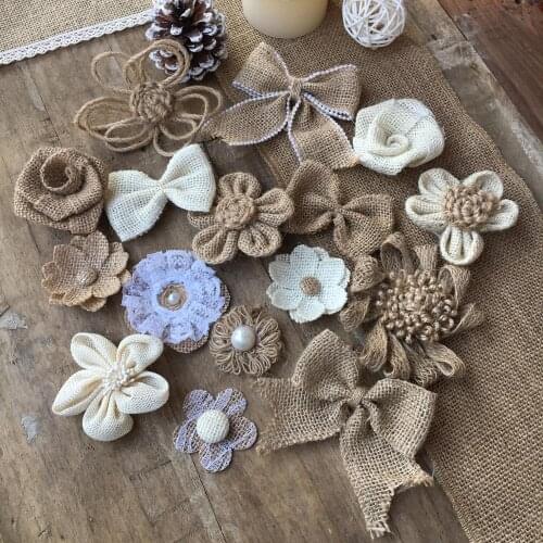 16 styles Jute Burlap Hessian Flower bowknot vintage christmas tree decoration wedding new year DIY craft supplies