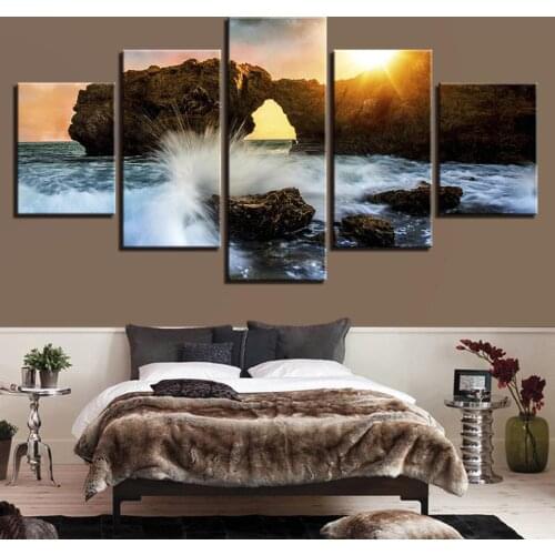 Canvas Wall Art HD Prints Poster Pictures 5 Pieces Huge Sea Wave Sunset Reef Seascape Painting Home Decor Living Room(No Frame)
